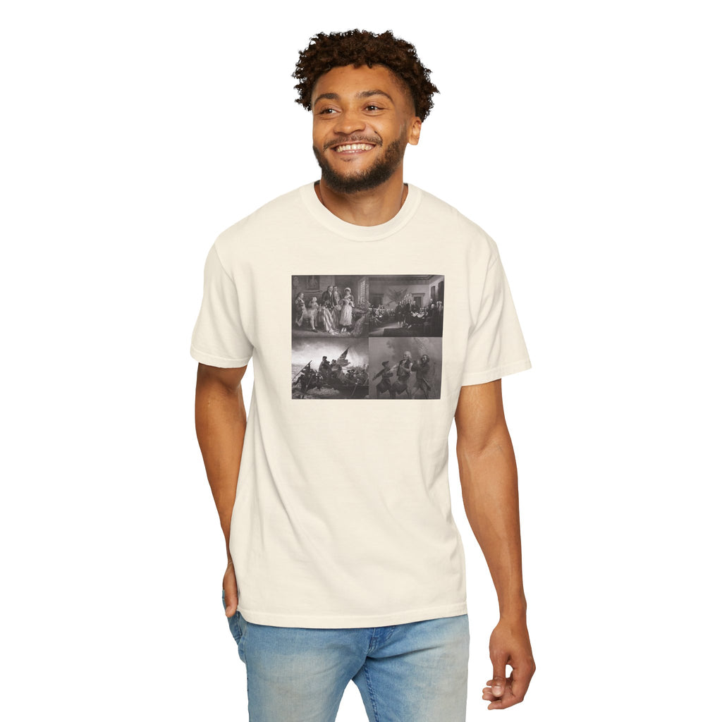 Smiling man wearing an Ivory Comfort Colors t-shirt printed with a montage of four revolutionary war era paintings