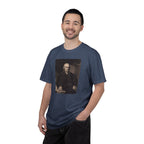 Male model wearing Samuel Adams mezzotint portrait t-shirt in midnight