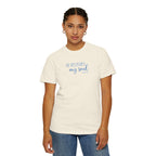 Woman wearing Ivory Comfort Colors t-shirt with 'He restores my soul' embroidered in cornflower blue thread