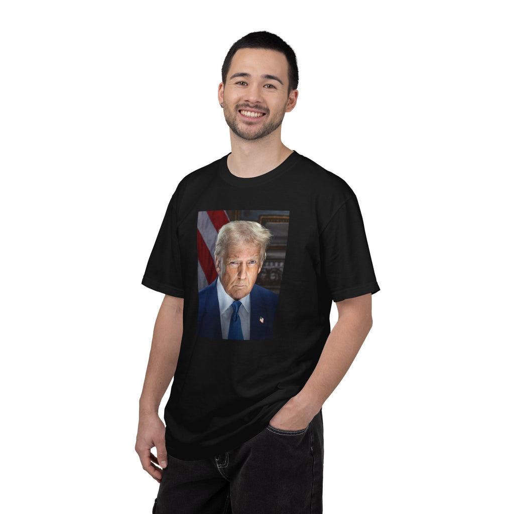 Man wearing Donald Trump 47 patriotic t-shirt in black