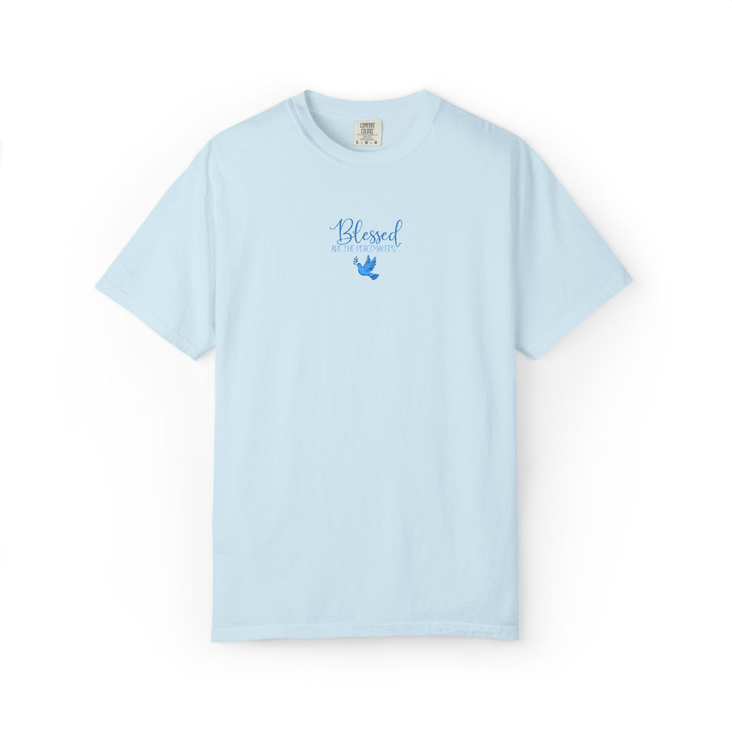 Chambray Comfort Colors t-shirt with embroidered "Blessed are the Peacemakers" + dove in a cornflower blue thread