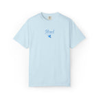 Chambray Comfort Colors t-shirt with embroidered "Blessed are the Peacemakers" + dove in a cornflower blue thread