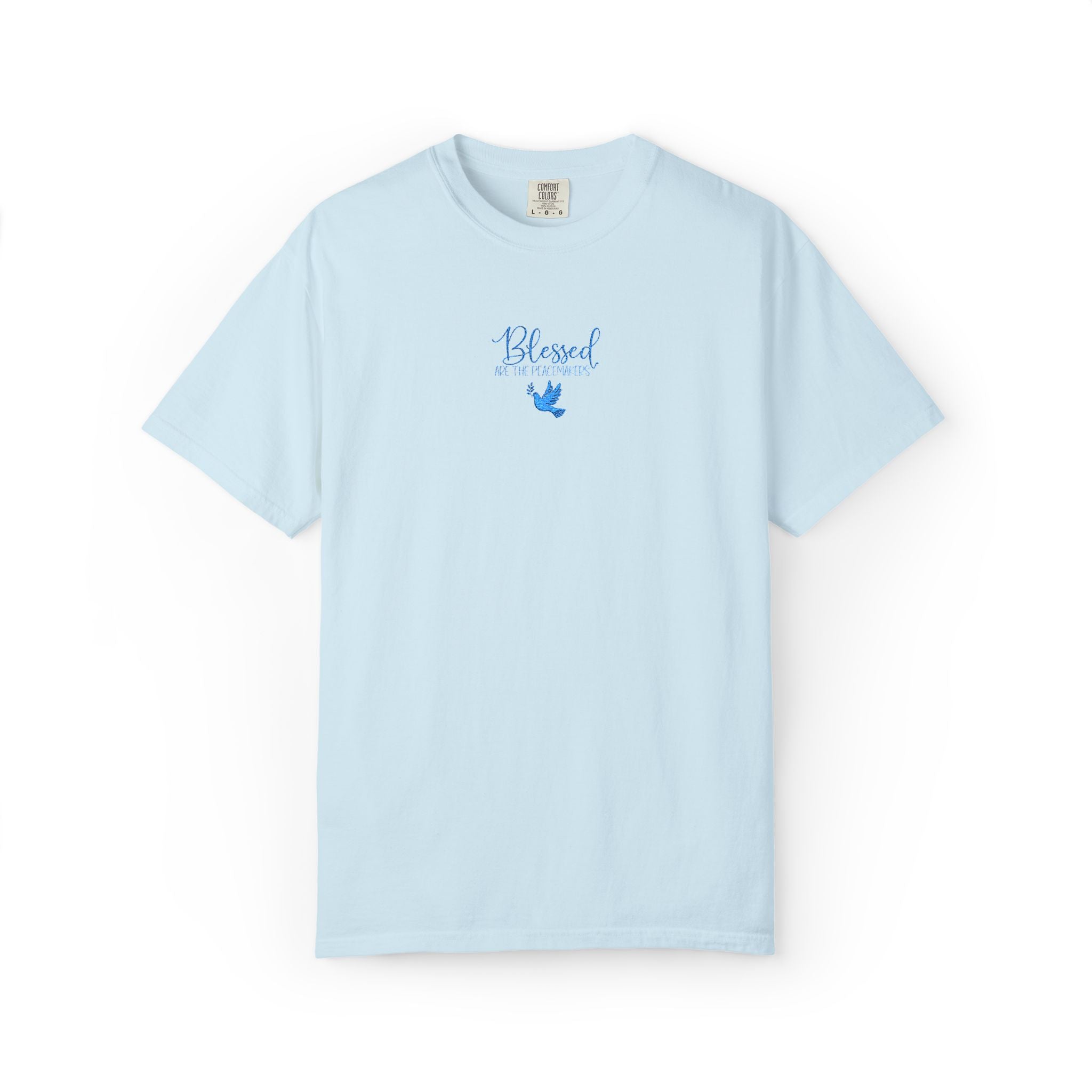 Chambray Comfort Colors t-shirt with embroidered "Blessed are the Peacemakers" + dove in a cornflower blue thread