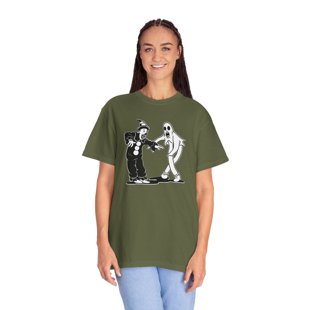 Model wearing oversized Koko the Clown Dancing Ghost t-shirt in hemp
