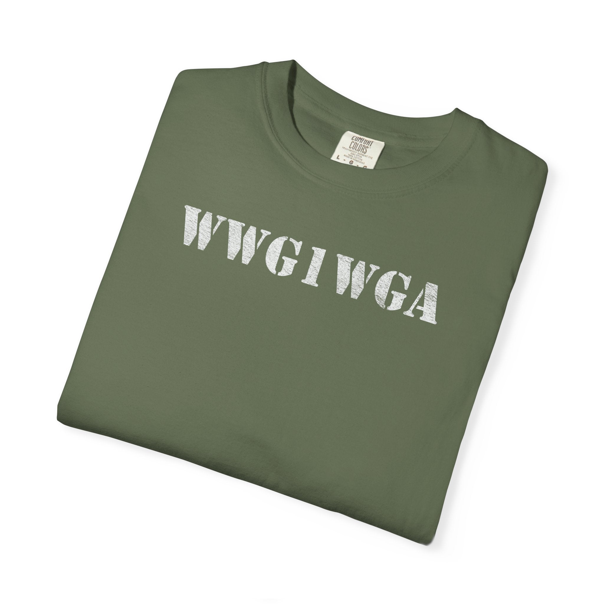 folded WWG1WGA distressed stencil t-shirt in sage