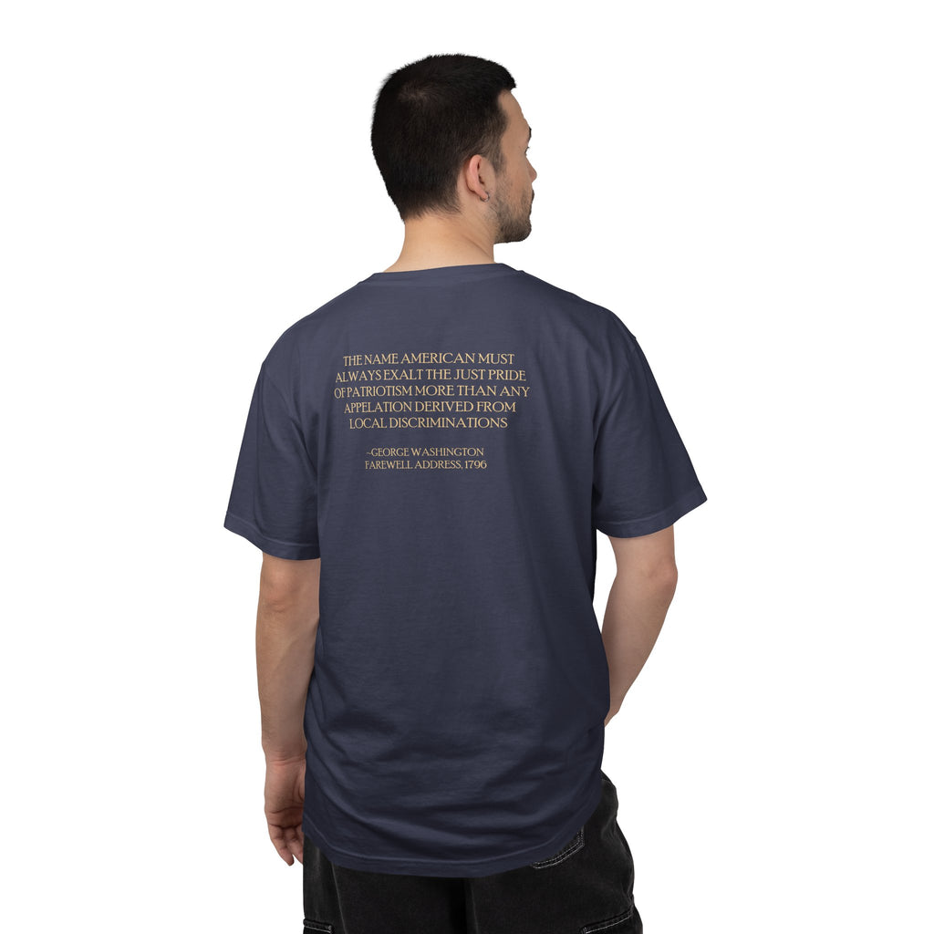 Back view of man wearing George Washington tee with Farewell Address quote spine in denim