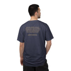 Back view of man wearing George Washington tee with Farewell Address quote spine in denim