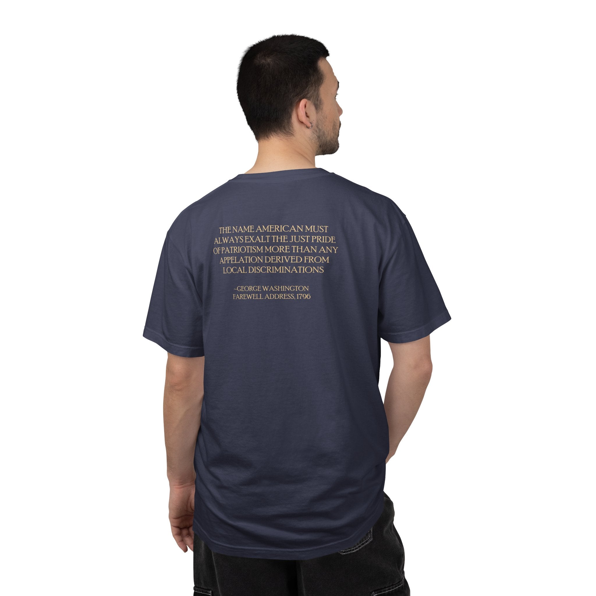 Back view of man wearing George Washington tee with Farewell Address quote spine in denim