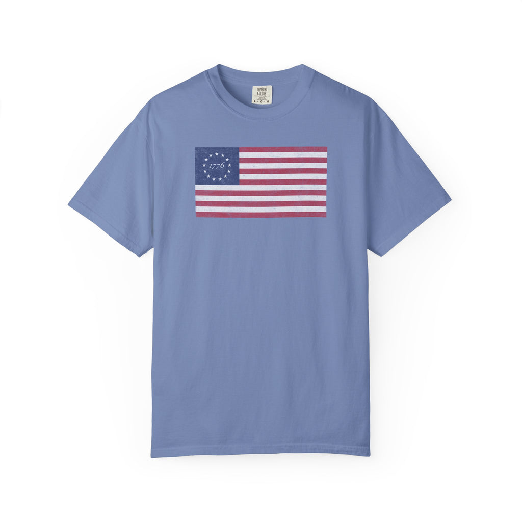 Distressed Betsy Ross flag 1776 t-shirt in washed denim