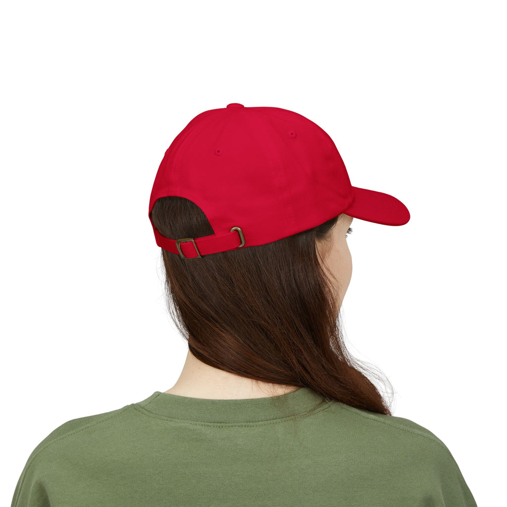Back view of woman wearing a Cranberry dad cap embroidered with '1776'
