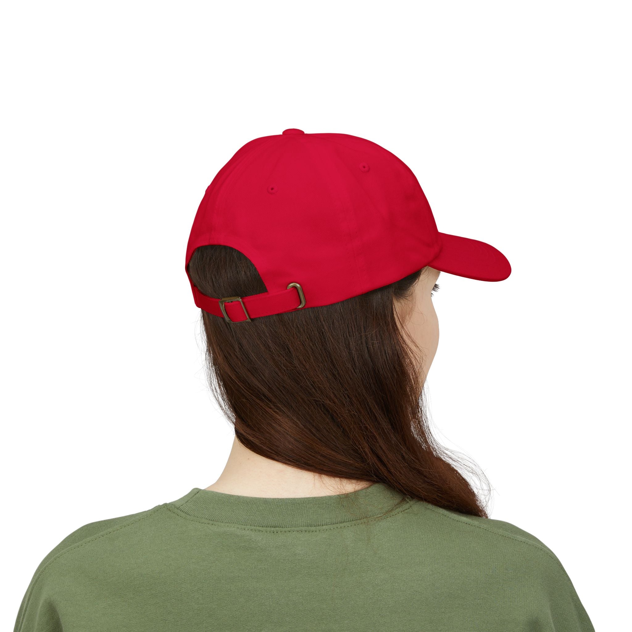 Back view of woman wearing a Cranberry dad cap embroidered with '1776'