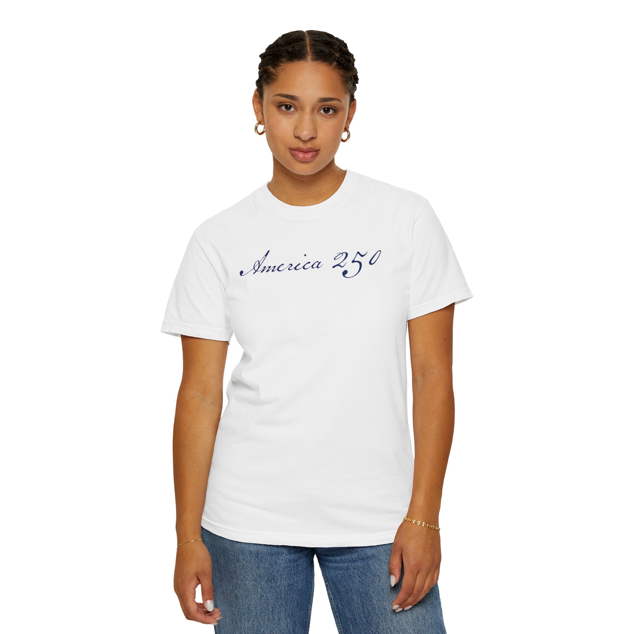 Female model wearing a white America 250 t-shirt