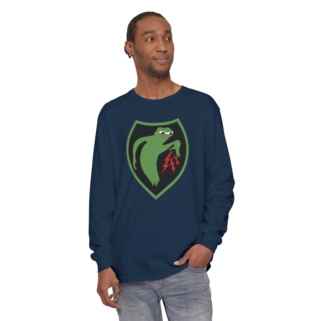Male model wearing Apu Ghost Army long sleeve t-shirt in true navy