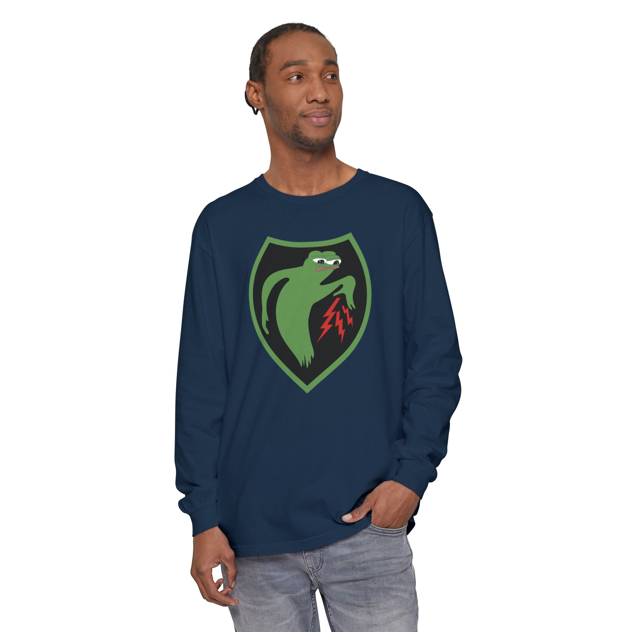 Male model wearing Apu Ghost Army long sleeve t-shirt in true navy