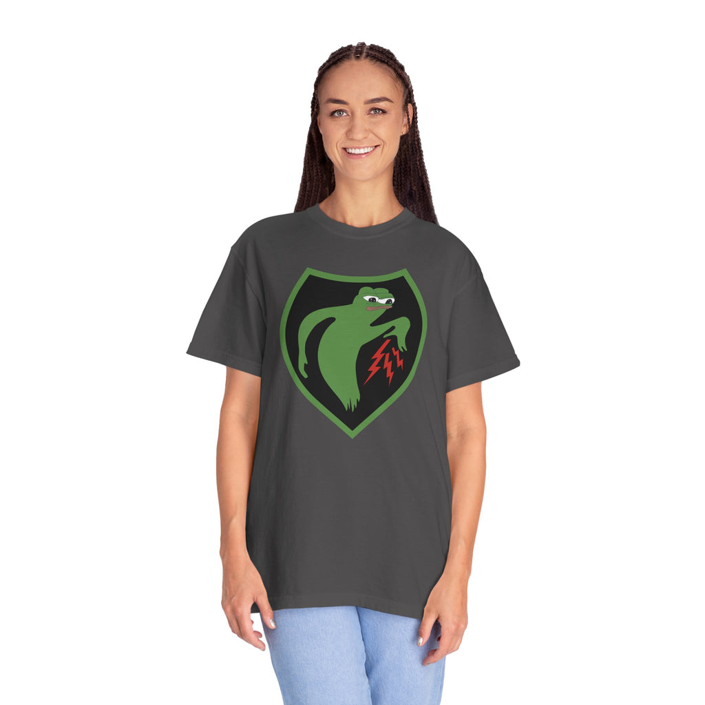 Woman wearing oversized Apu Ghost Army meme t-shirt in graphite