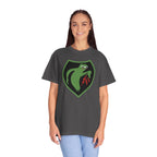 Woman wearing oversized Apu Ghost Army meme t-shirt in graphite
