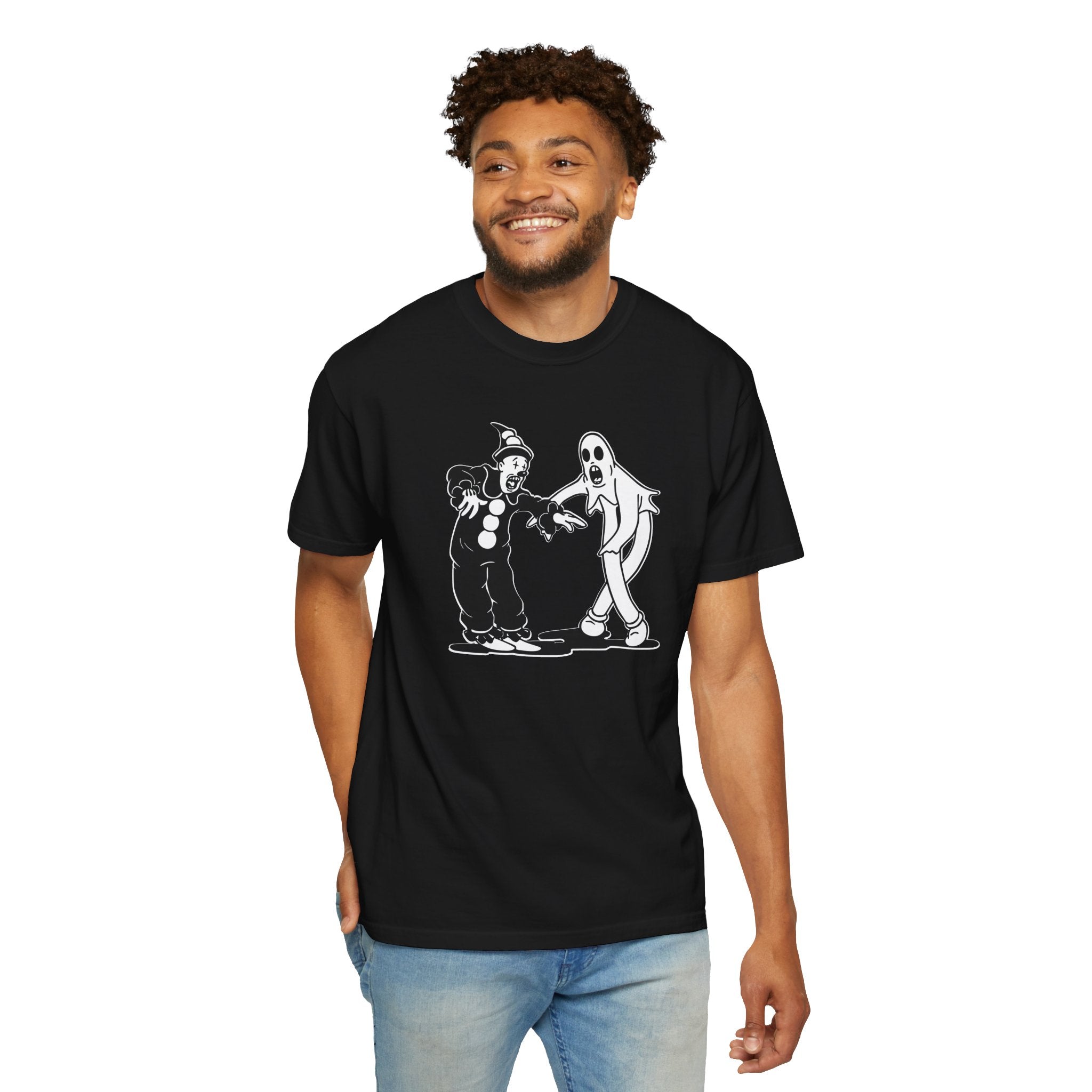 Smiling man wearing Koko the Clown Dancing Ghost meme t-shirt in black