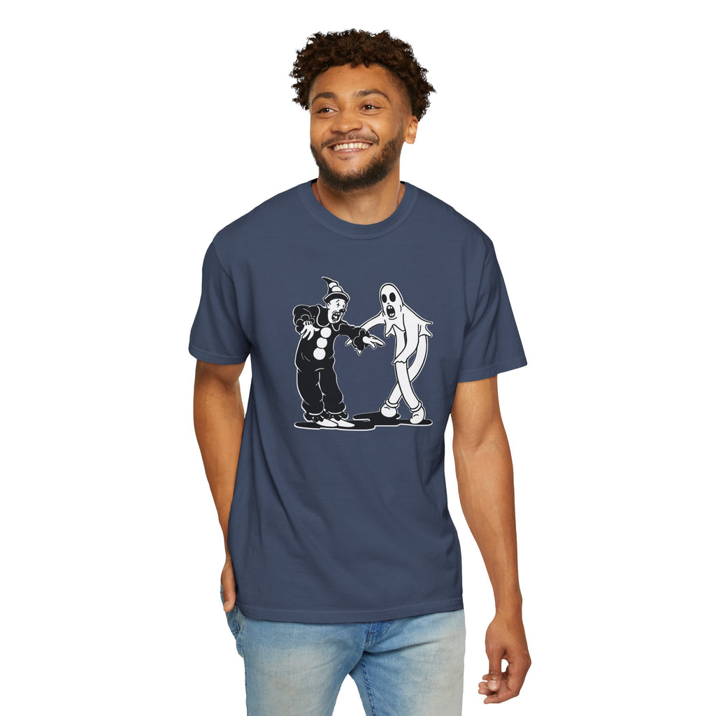 Smiling man wearing Koko the Clown Dancing Ghost meme t-shirt in midnight