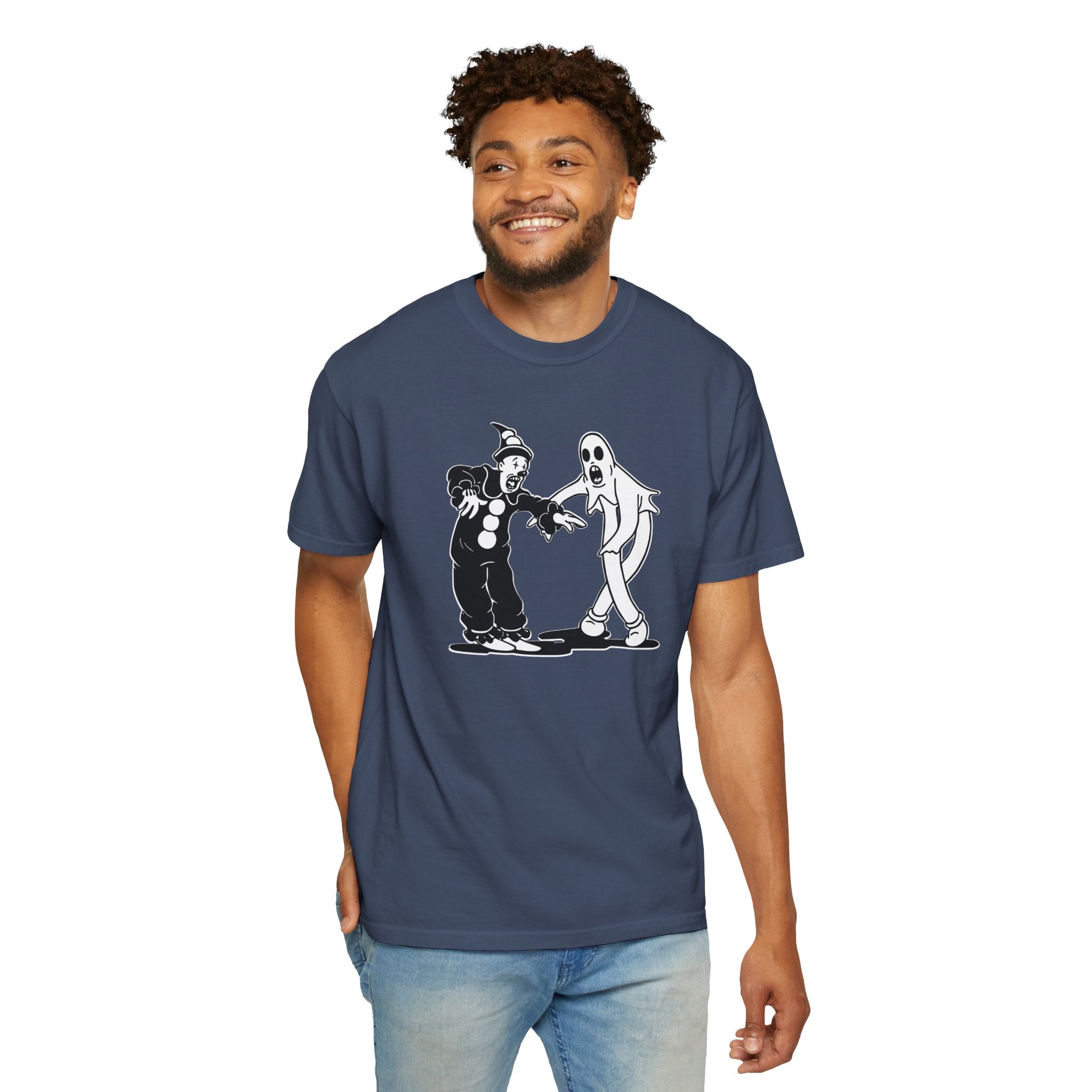 Smiling man wearing Koko the Clown Dancing Ghost meme t-shirt in midnight