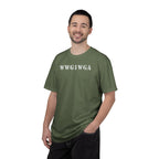 Man wearing WWG1WGA stencil t-shirt in sage