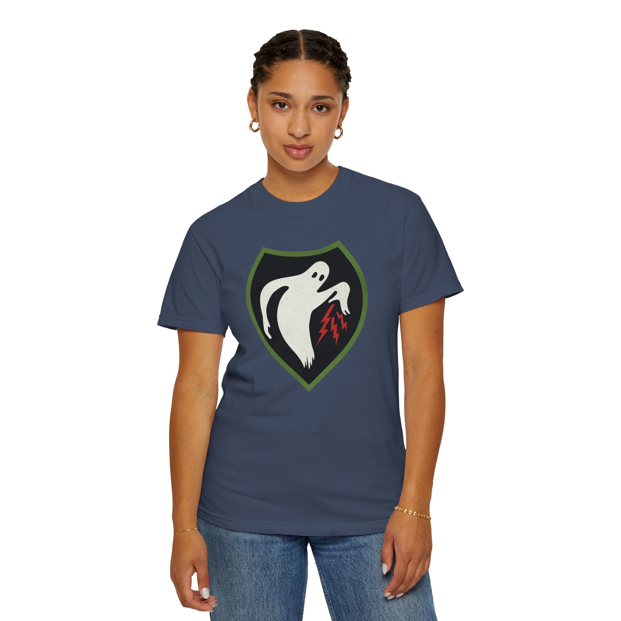 Woman wearing Ghost Army patriotic t-shirt in midnight