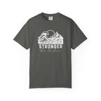 Stronger Than The Storm Christian t-shirt in Pepper with a mountain wave sun design