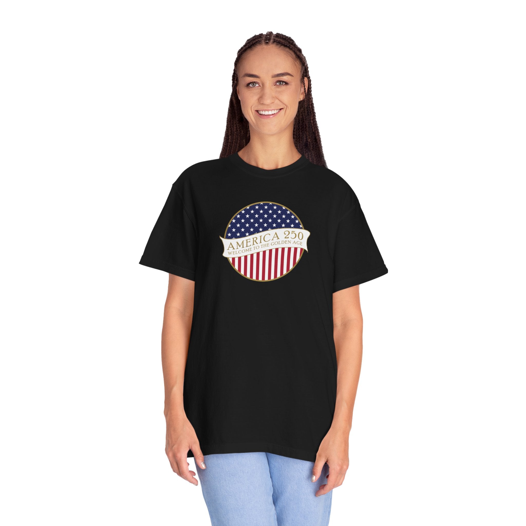 Smiling woman wearing an oversized Black Comfort Colors t-shirt with an America 250 design with text 'America 250 Welcome to the Golden Age'