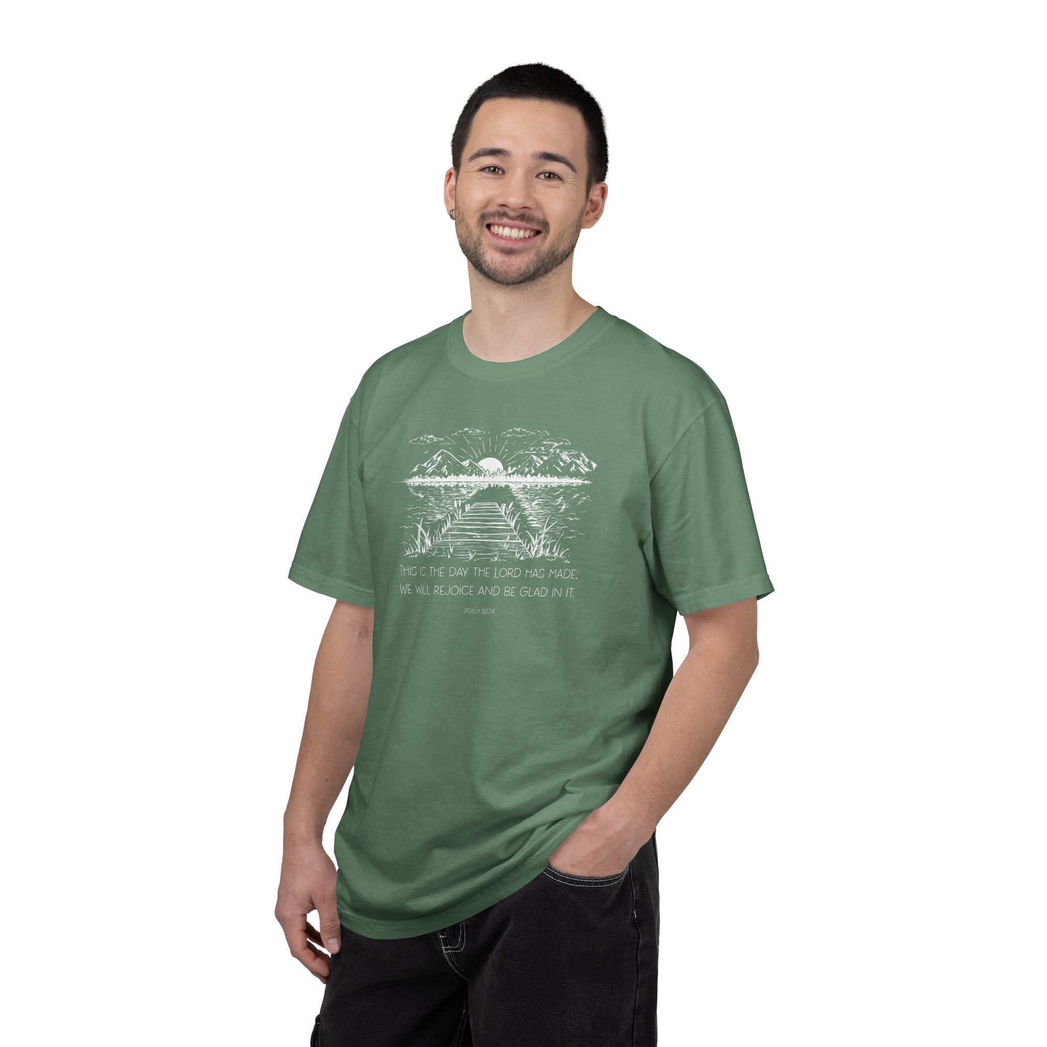 Smiling man wearing Light Green Comfort Colors t-shirt with nature graphic and Psalm 118:24 underneath