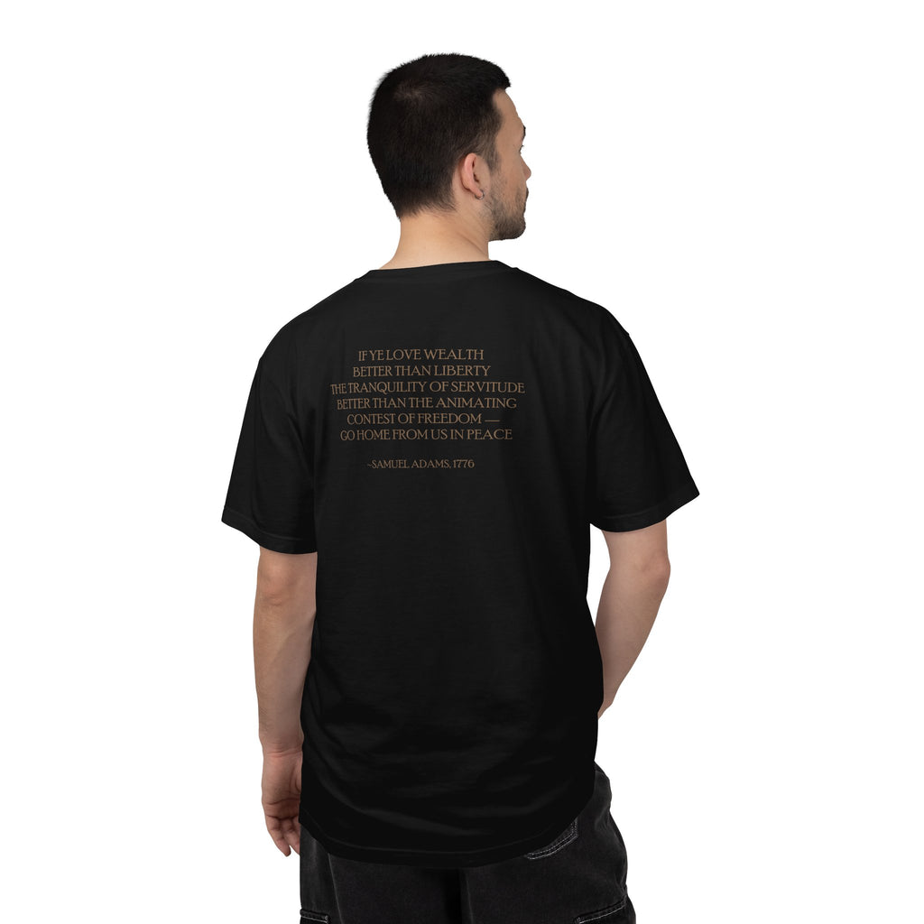 Back view man wearing Samuel Adams tee with 'If Ye Love Wealth Better Than Liberty' quote; black