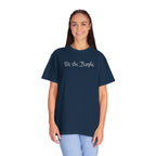 Smiling woman wearing oversized 'We the People' embroidered t-shirt in true navy