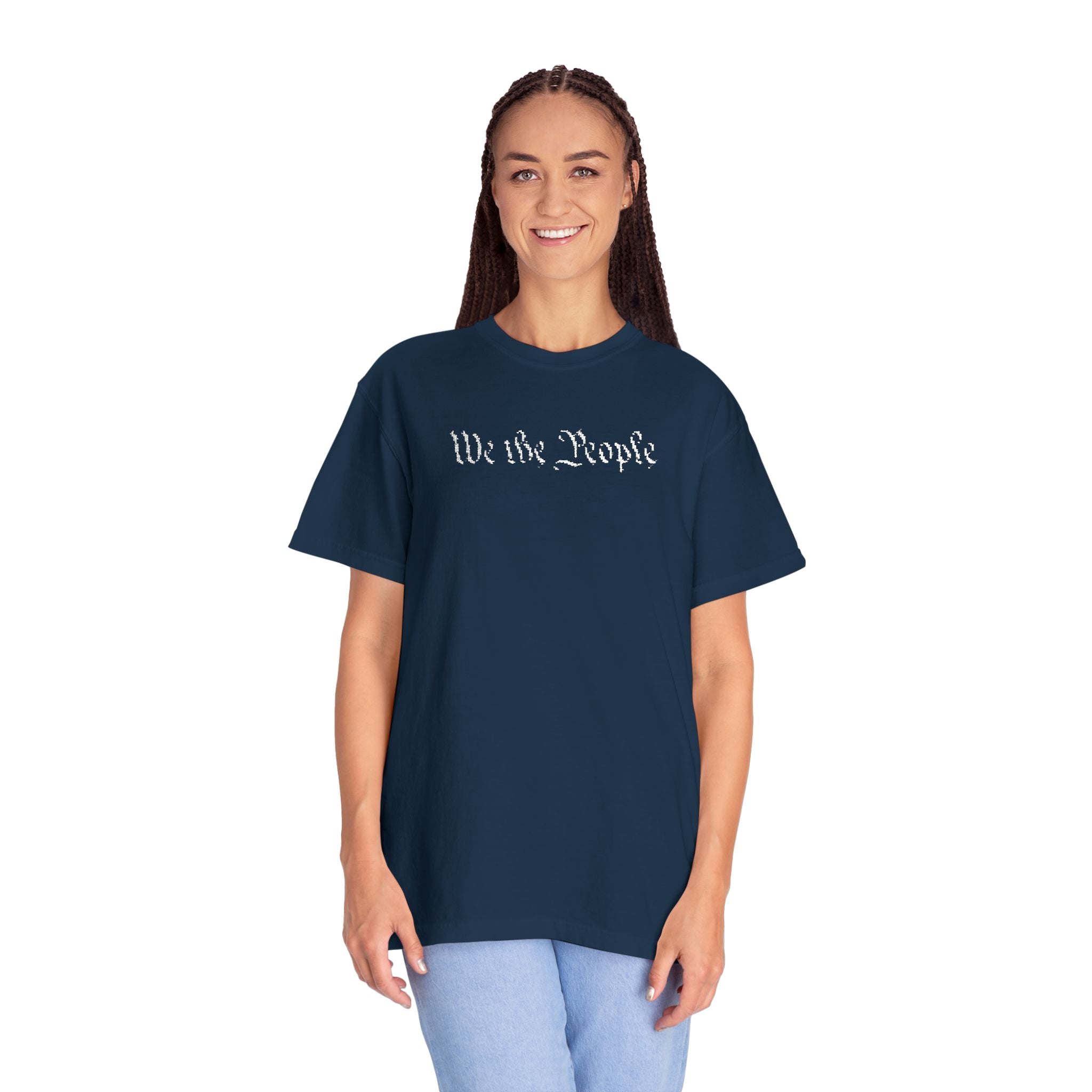 Smiling woman wearing oversized 'We the People' embroidered t-shirt in true navy