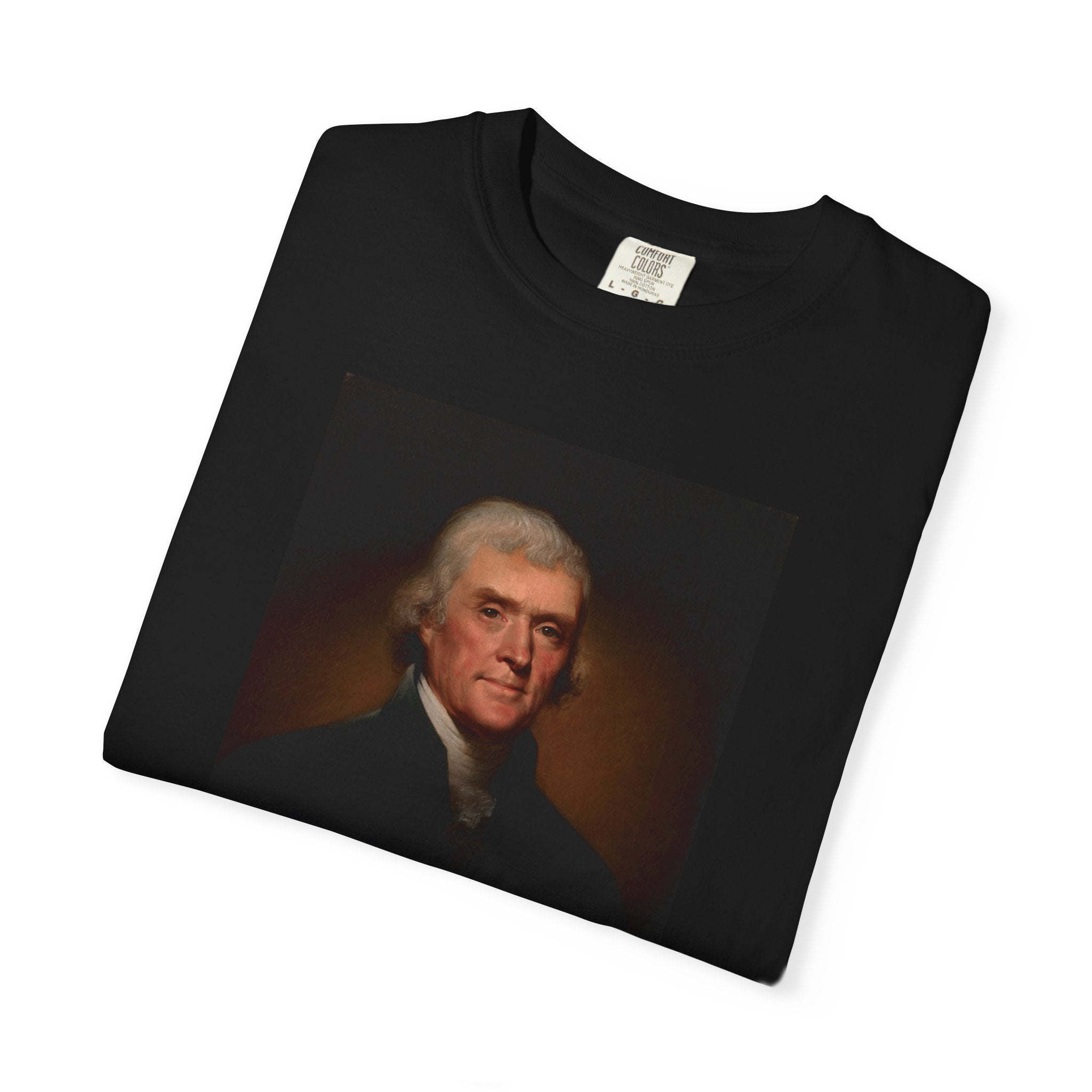 Folded Thomas Jefferson Founders Collection portrait t-shirt in black