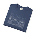 Folded China Blue Comfort Colors t-shirt with mountain river design and Bible verse from Micah 6:8