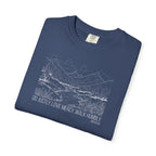 Folded China Blue Comfort Colors t-shirt with mountain river design and Bible verse from Micah 6:8