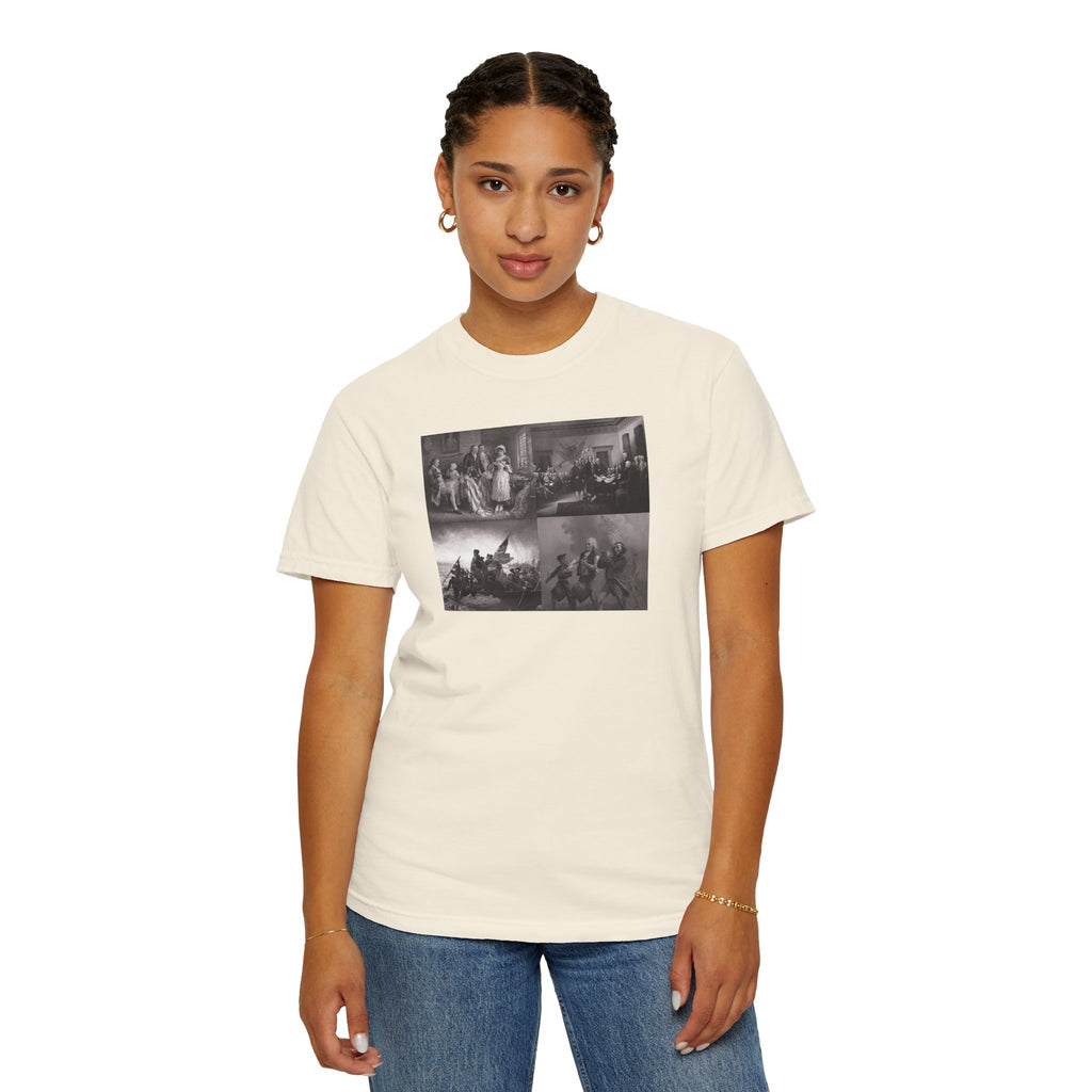 Woman wearing an Ivory Comfort Colors t-shirt printed with a montage of four revolutionary war era paintings