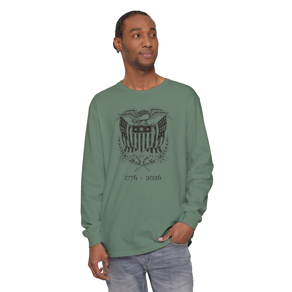 Man wearing a long-sleeve Light Green United We Stand eagle t-shirt