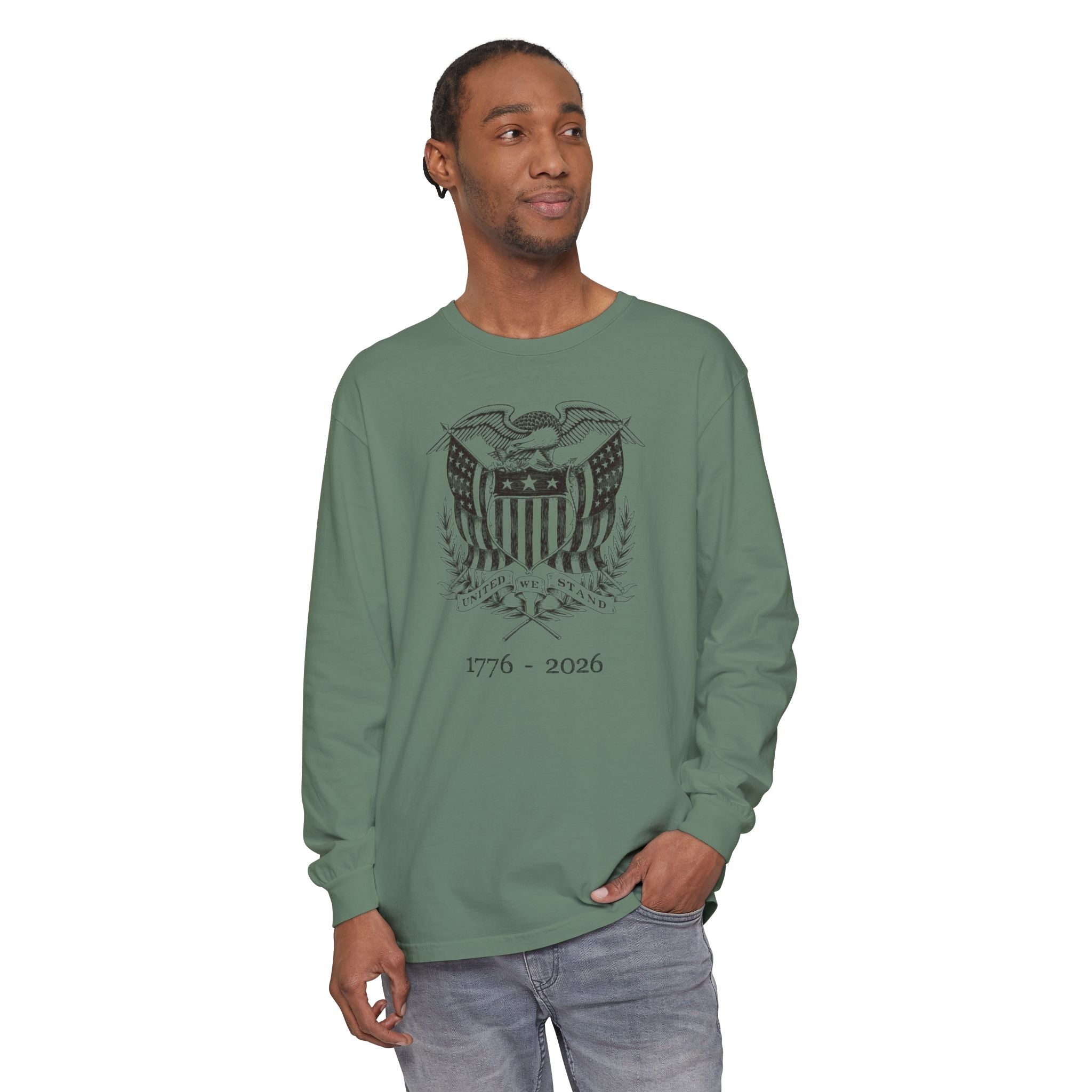 Man wearing a long-sleeve Light Green United We Stand eagle t-shirt