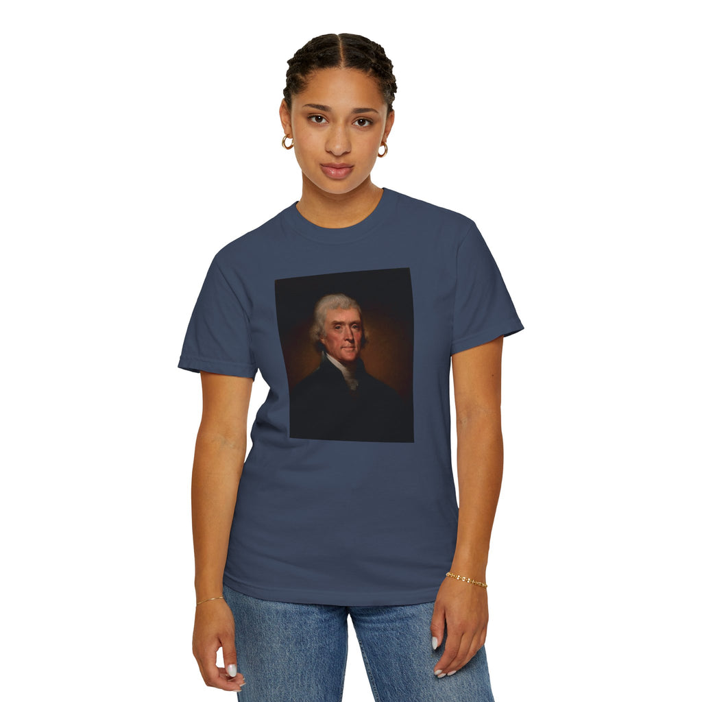 Woman wearing Thomas Jefferson portrait t-shirt, midnight