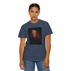 Woman wearing Thomas Jefferson portrait t-shirt, midnight