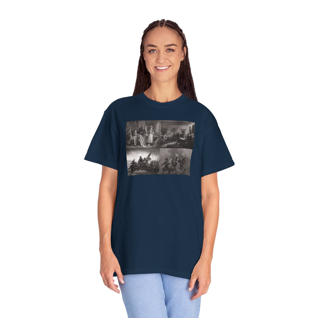 Woman wearing an oversized True Navy Comfort Colors t-shirt printed with a montage of four revolutionary war era paintings