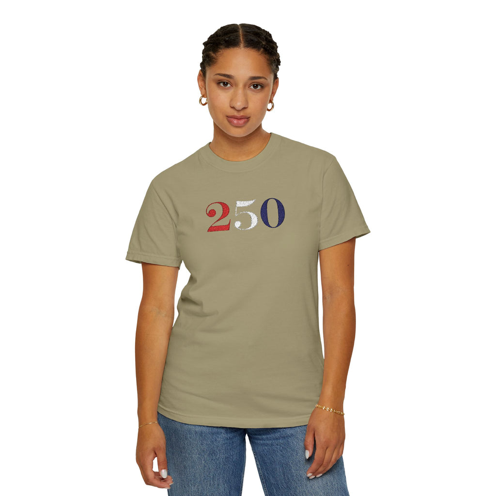 Female model wearing khaki America 250 embroidered t-shirt