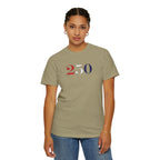 Female model wearing khaki America 250 embroidered t-shirt