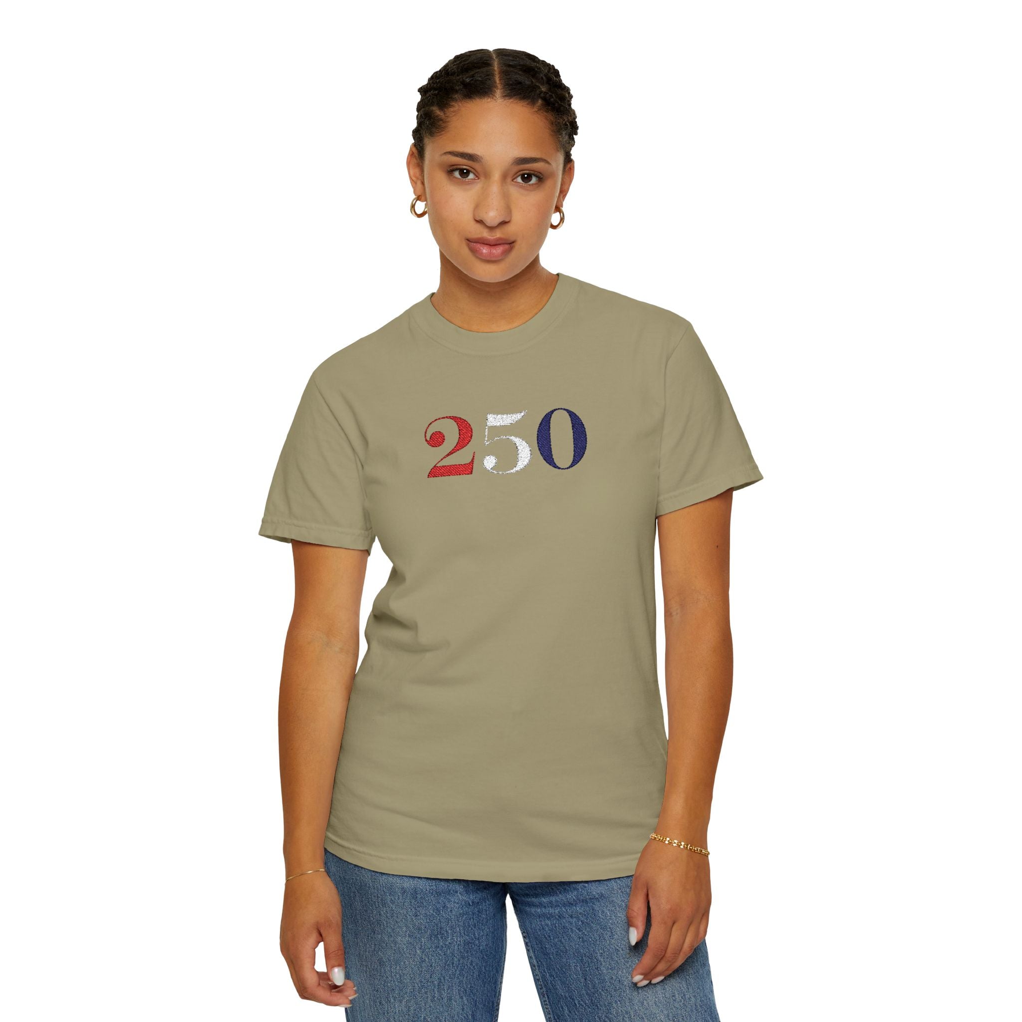Female model wearing khaki America 250 embroidered t-shirt