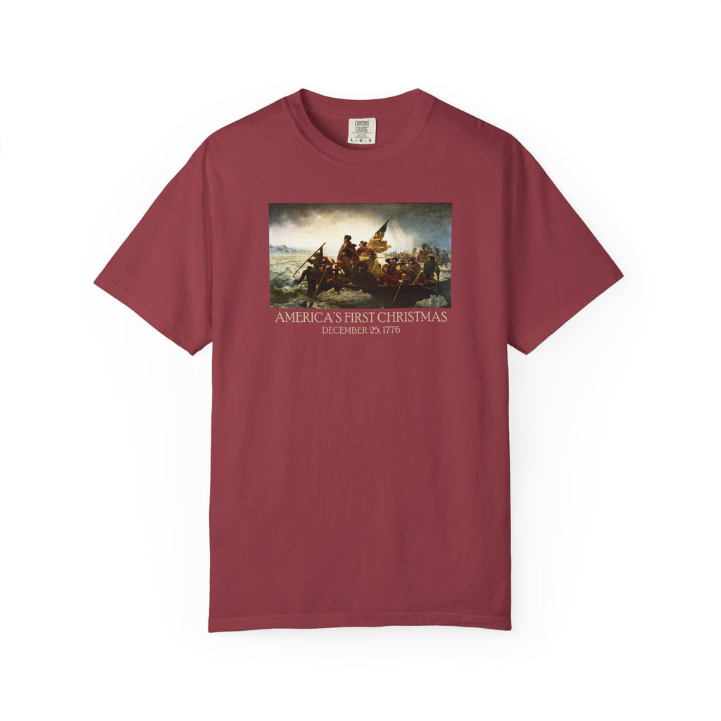 America's First Christmas meme t-shirt Washington Crossing the Delaware 1776 patriotic design in chili