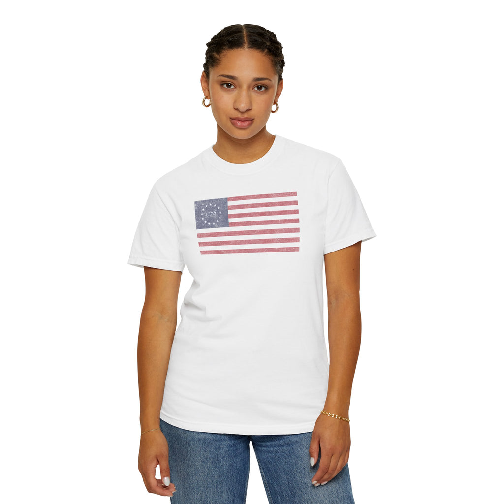 Female model wearing distressed 1776 Betsy Ross flag t-shirt in white