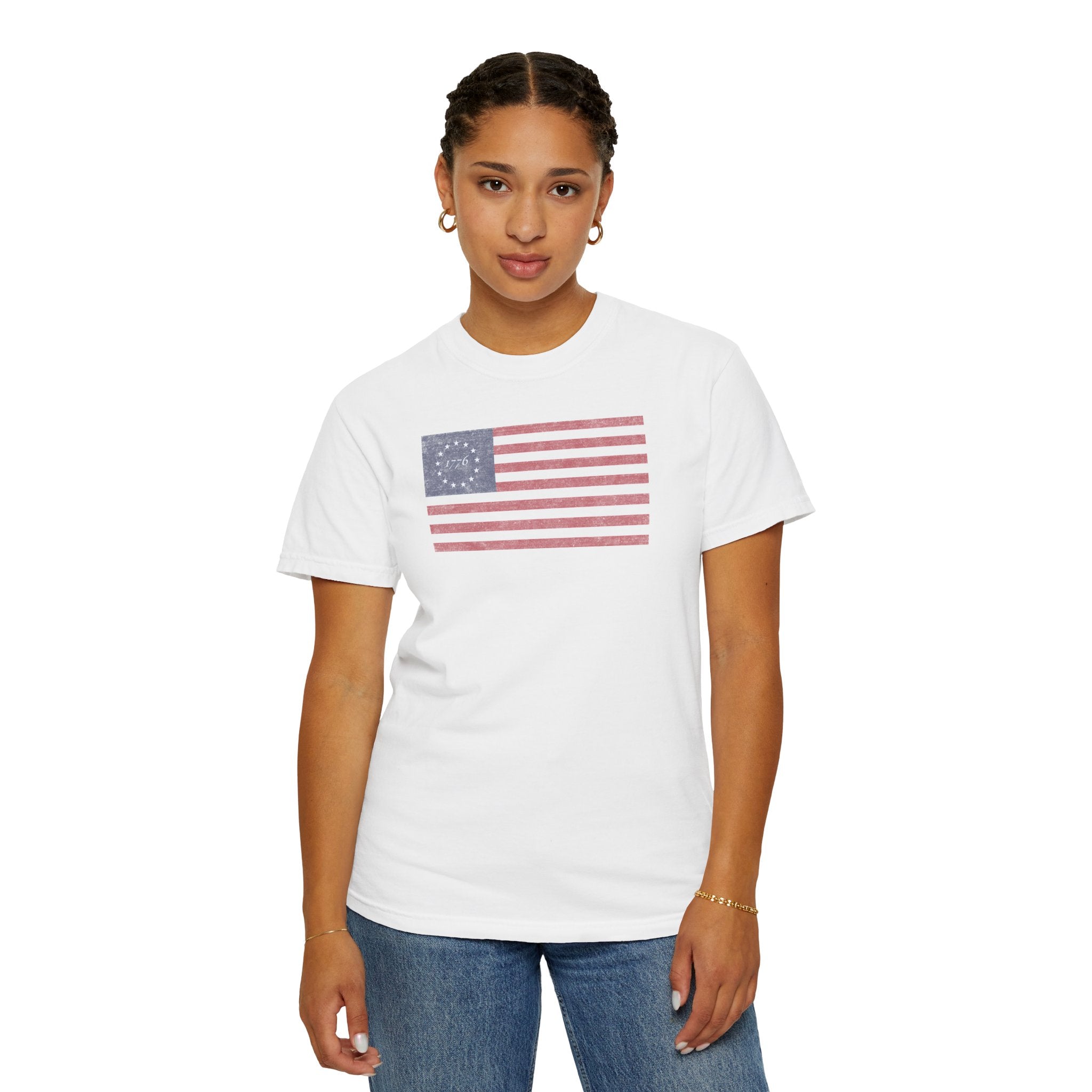 Female model wearing distressed 1776 Betsy Ross flag t-shirt in white
