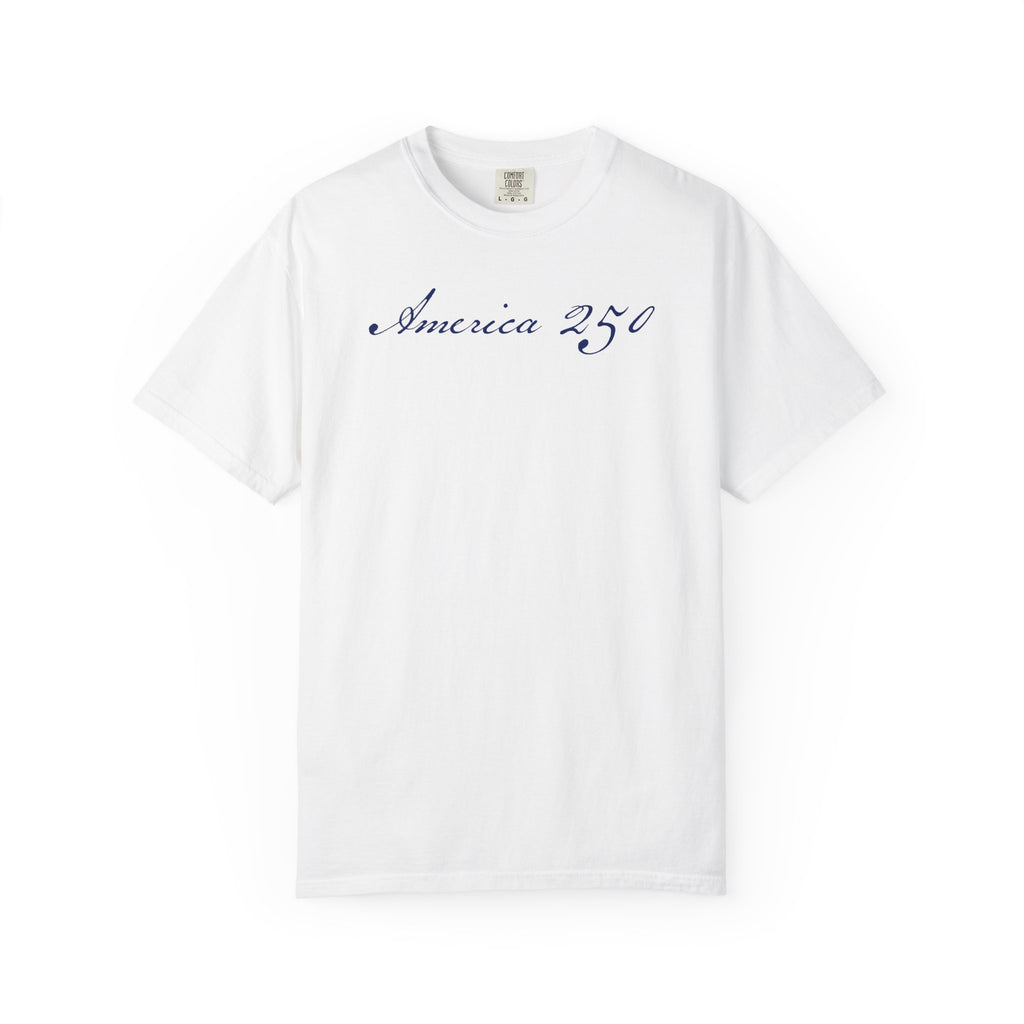 America 250 script patriotic t-shirt with  elegant script lettering in white