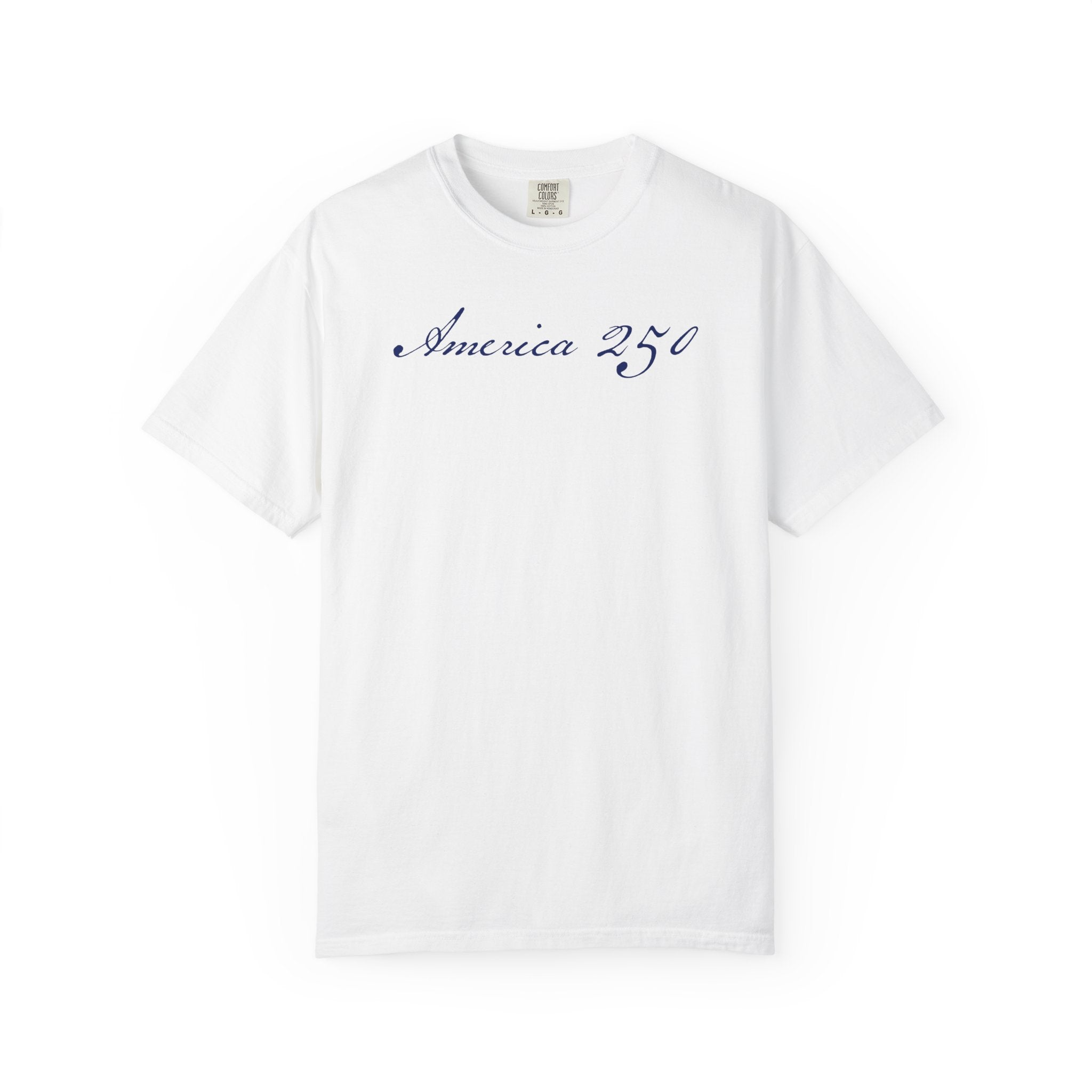 America 250 script patriotic t-shirt with  elegant script lettering in white