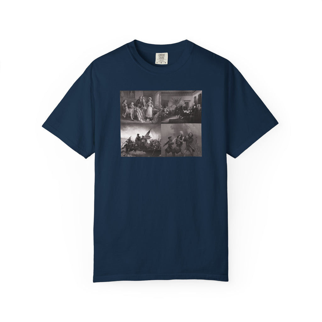 True Navy Comfort Colors t-shirt printed with a montage of four revolutionary war era paintings