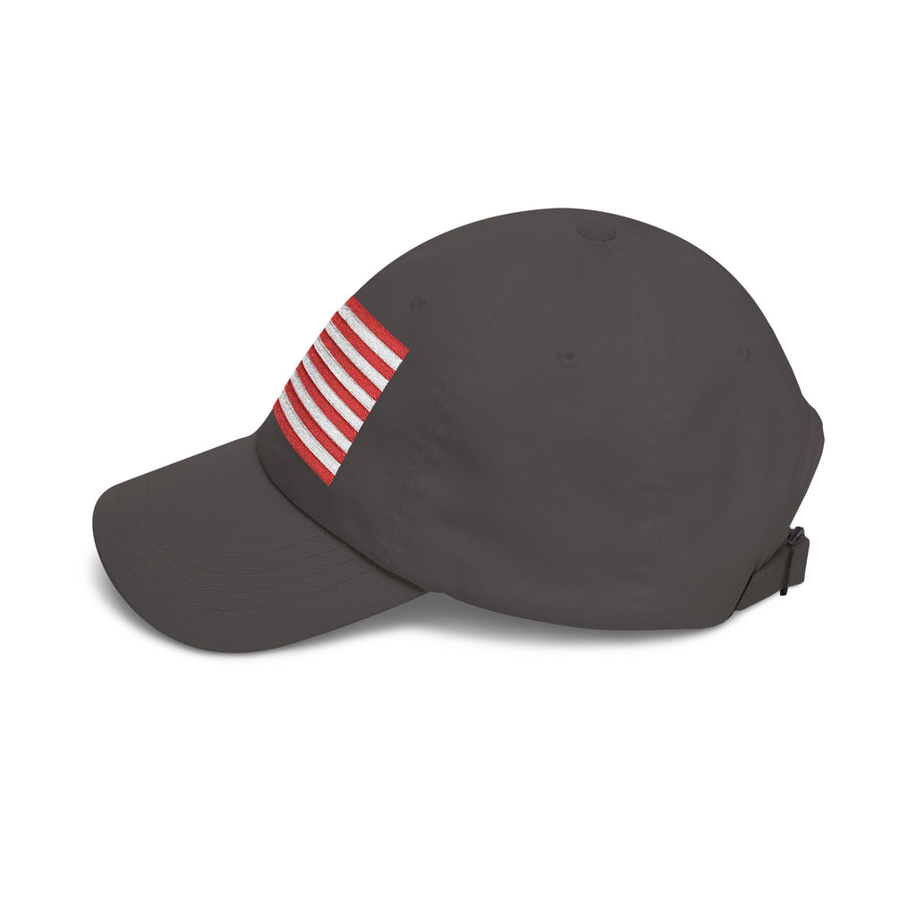 Side view of dark grey cap with embroidered Betsy Ross Flag